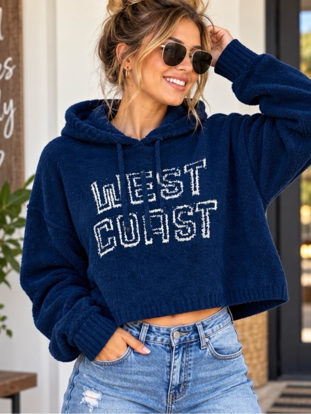 Arizona Jean Co Cropped Fuzzy Hooded Drawstring Long Sleeves Pullover Sweater
